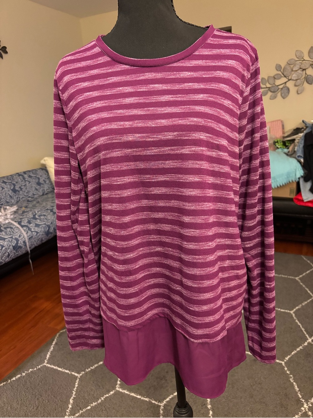 STYLUS Purple Striped Layered-Hem Crewneck Sweater